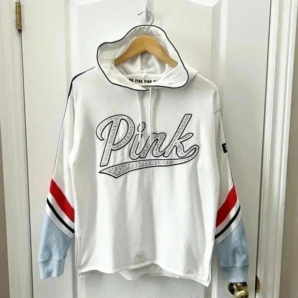 PINK Victoria’s Secret Oversize  Sequin Bling Hoodie Sweatshirt White Blue XS - Picture 3 of 16